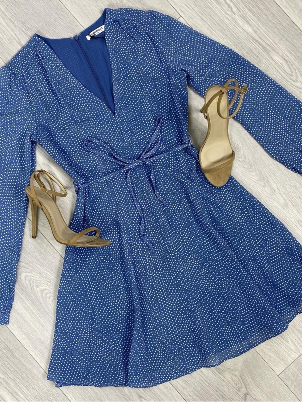 Glamorous Blue Polka Dot Long Sleeve V-Neck Dress